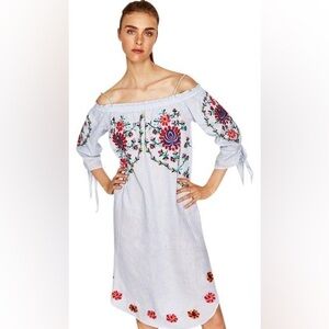 Zara linen sky blue floral embroidered off shoulder summer shift dress
